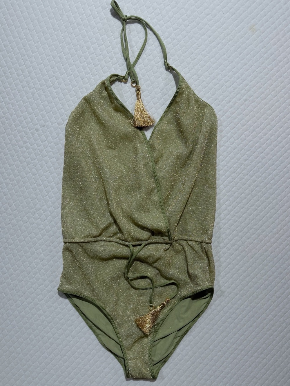 NWT Hanne Bloch Olive Green Glittery V Swimsuit- Women’s Large